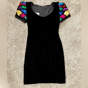 Vintage Tadashi black velvet sequined sleeve cocktail dress women’s size 6